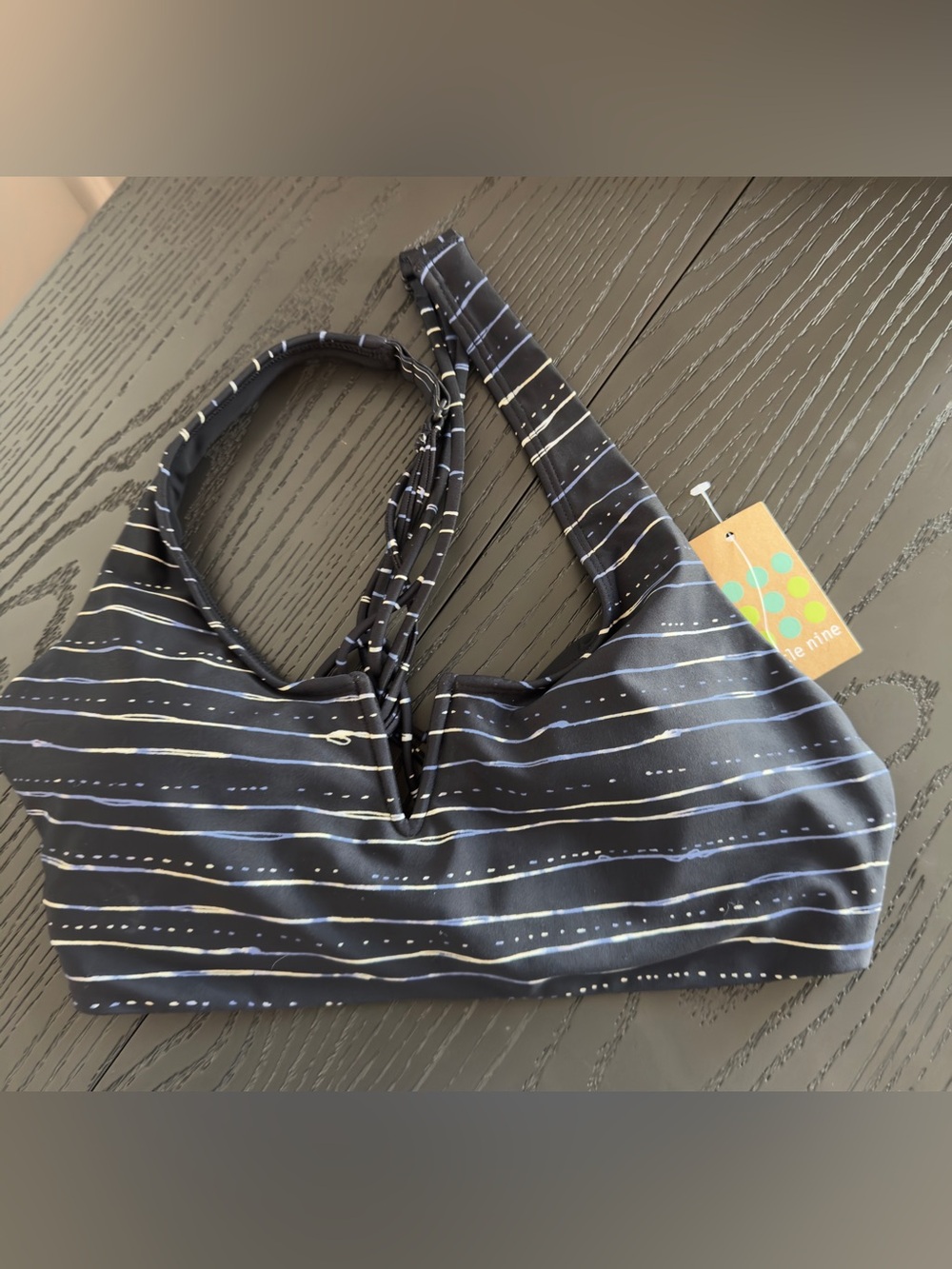 NWT Title Nine 32D Strappy Bikini Top Black Blue Stripe Swim